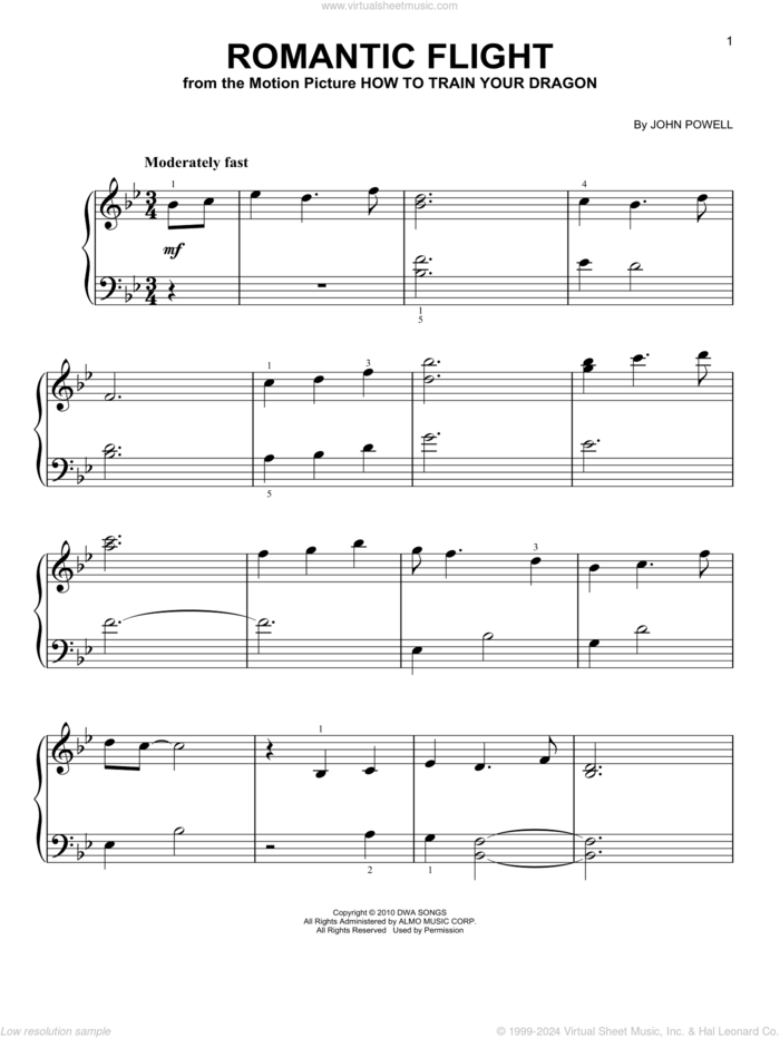 Romantic Flight (from How to Train Your Dragon) sheet music for piano solo by John Powell, easy skill level