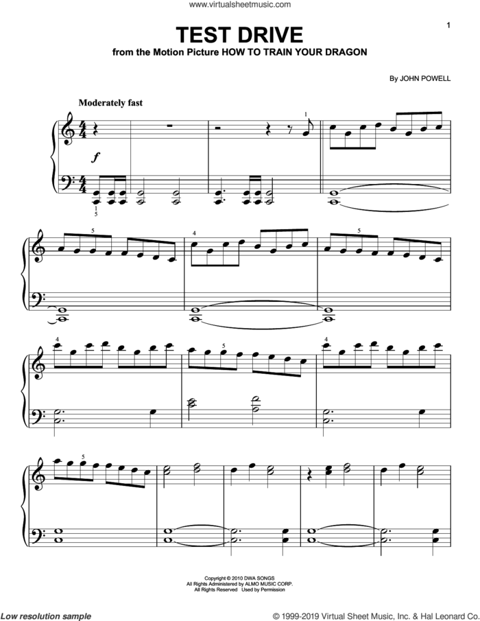 Test Drive (from How to Train Your Dragon), (easy) sheet music for piano solo by John Powell, easy skill level