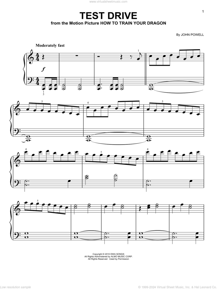 Test Drive (from How to Train Your Dragon), (easy) sheet music for piano solo by John Powell, easy skill level