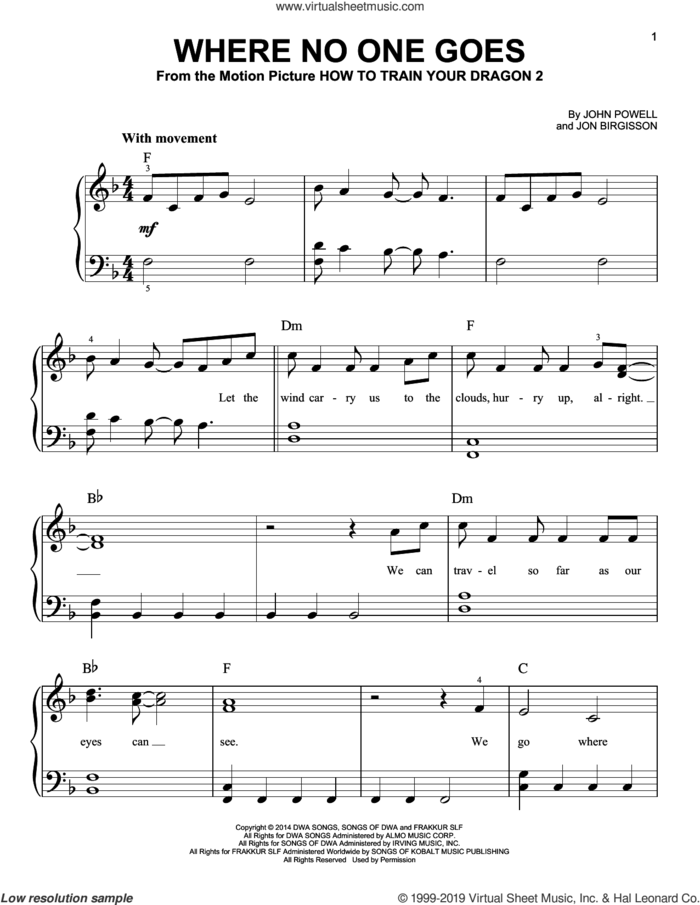 Where No One Goes (from How to Train Your Dragon 2) sheet music for piano solo by John Powell and Jon Birgisson, easy skill level