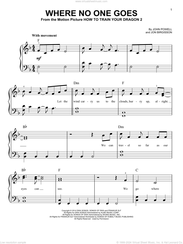 Where No One Goes (from How to Train Your Dragon 2) sheet music for piano solo by John Powell and Jon Birgisson, easy skill level