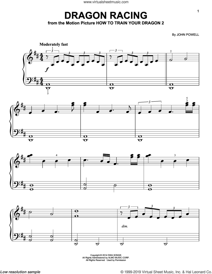 Dragon Racing (from How to Train Your Dragon 2), (easy) sheet music for piano solo by John Powell, easy skill level