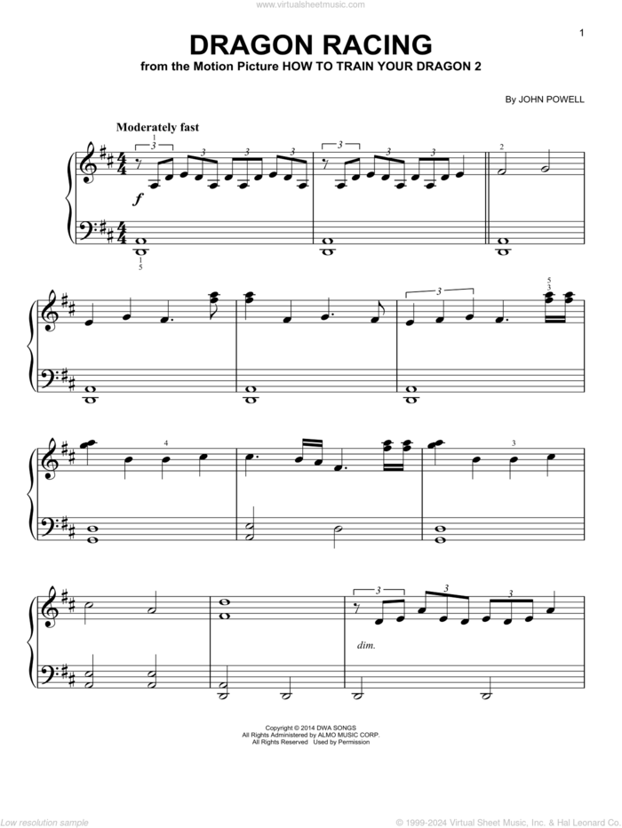 Dragon Racing (from How to Train Your Dragon 2), (easy) sheet music for piano solo by John Powell, easy skill level