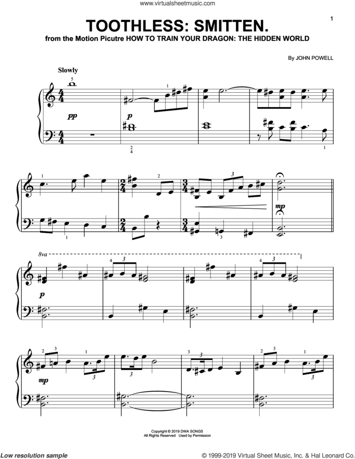 Toothless: Smitten. (from How to Train Your Dragon: The Hidden World), (easy) sheet music for piano solo by John Powell, easy skill level