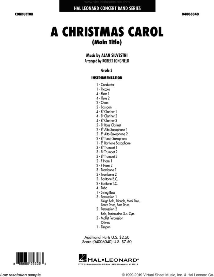 A Christmas Carol (Main Title) (arr. Robert Longfield) (COMPLETE) sheet music for concert band by Robert Longfield and Alan Silvestri, intermediate skill level