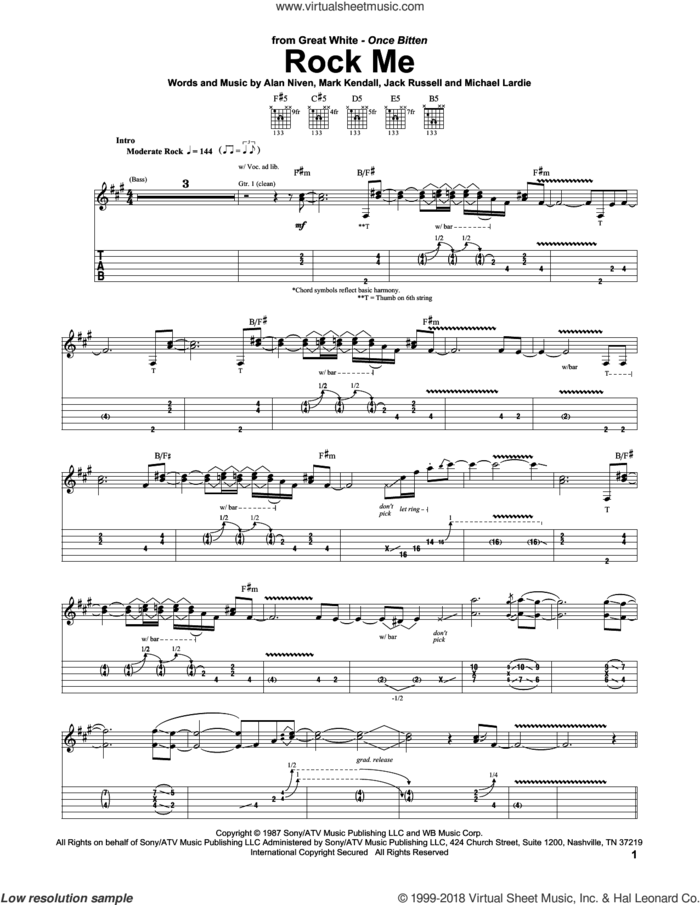 Rock Me sheet music for guitar (tablature) by Great White, Alan Niven, Jack Russell and Mark Kendall, intermediate skill level