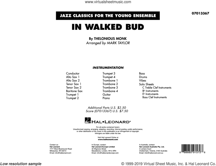 In Walked Bud (arr. Mark Taylor) (COMPLETE) sheet music for jazz band by Mark Taylor and Thelonious Monk, intermediate skill level