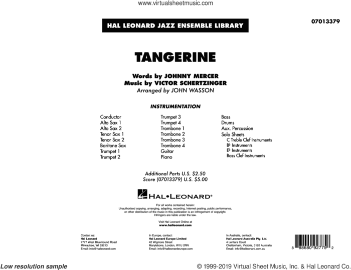 Tangerine (arr. John Wasson) (COMPLETE) sheet music for jazz band by Johnny Mercer, Jimmy Dorsey & His Orchestra, John Wasson and Victor Schertzinger, intermediate skill level