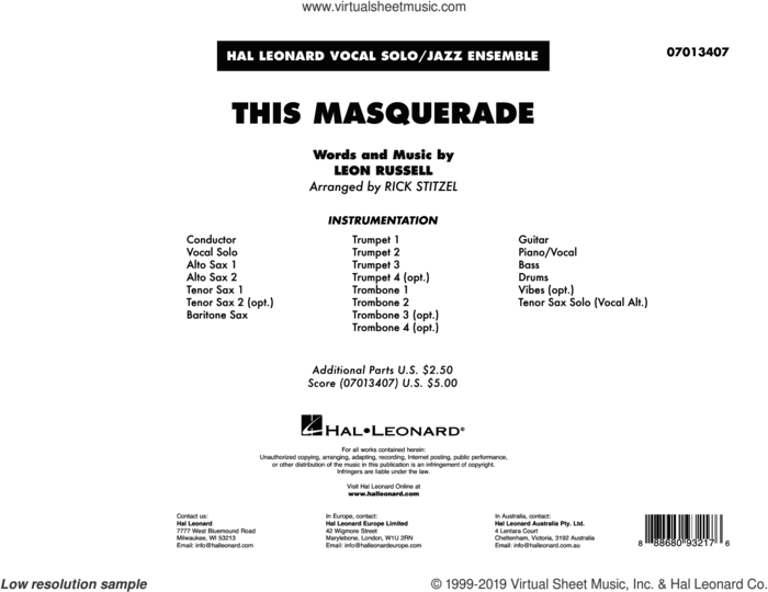 This Masquerade (arr. Rick Stitzel) (COMPLETE) sheet music for jazz band by Rick Stitzel and Leon Russell, intermediate skill level