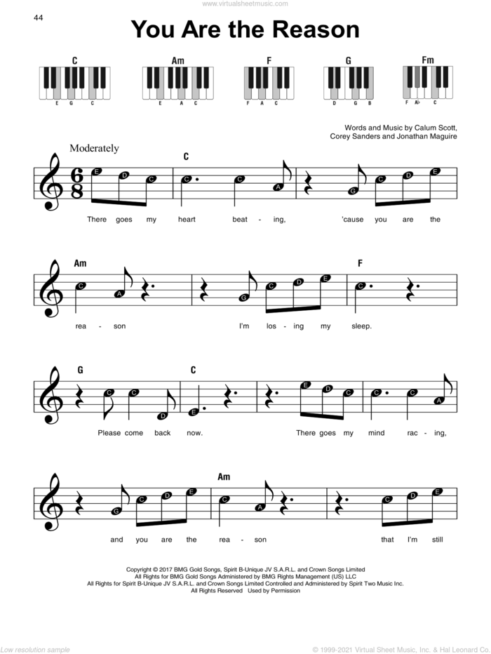 You Are The Reason, (beginner) sheet music for piano solo by Calum Scott, Corey Sanders and Jon Maguire, beginner skill level
