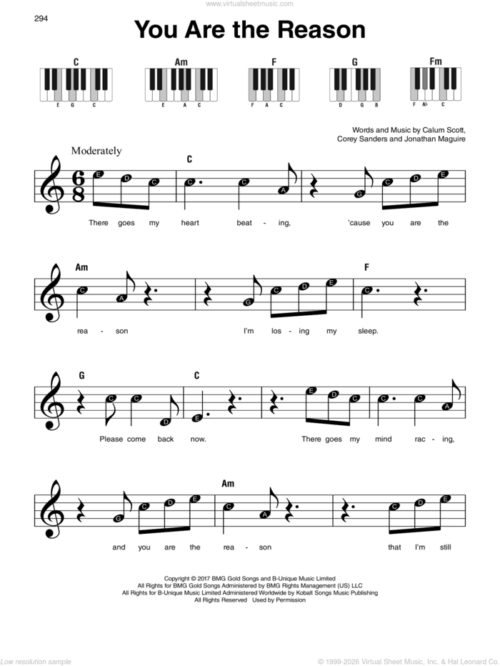 You Are The Reason, (beginner) sheet music for piano solo by Calum Scott, Corey Sanders and Jon Maguire, beginner skill level