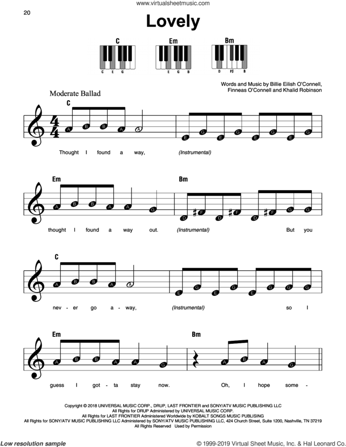 lovely (from 13 Reasons Why), (beginner) sheet music for piano solo by Billie Eilish & Khalid, Billie Eilish and Khalid Robinson, beginner skill level