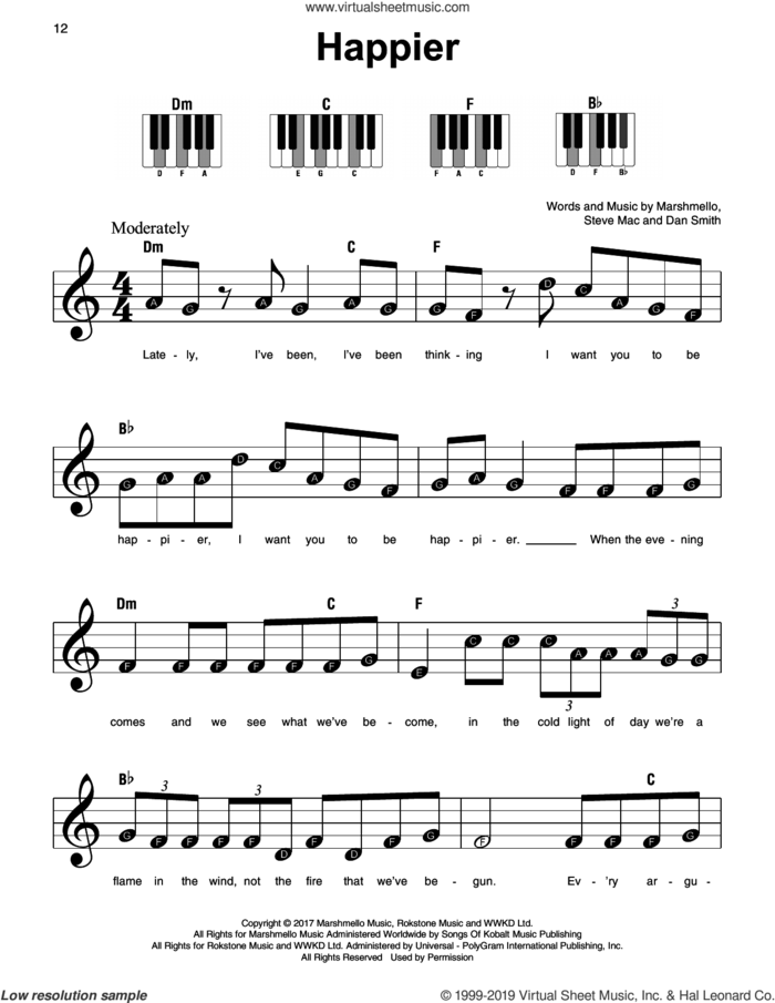 Happier sheet music for piano solo by Marshmello & Bastille, Dan Smith, Marshmello and Steve Mac, beginner skill level