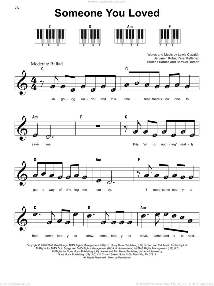 Someone You Loved sheet music for piano solo by Lewis Capaldi, Benjamin Kohn, Peter Kelleher, Samuel Roman and Thomas Barnes, beginner skill level
