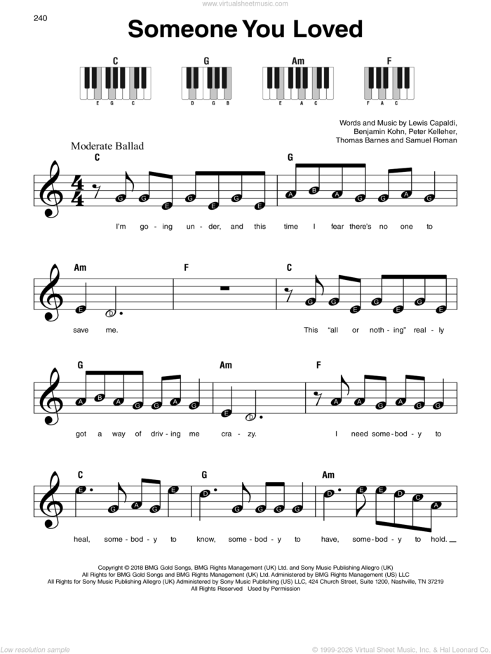 Someone You Loved sheet music for piano solo by Lewis Capaldi, Benjamin Kohn, Peter Kelleher, Samuel Roman and Thomas Barnes, beginner skill level