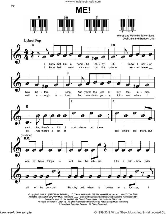 ME! (feat. Brendon Urie of Panic! At The Disco), (beginner) (feat. Brendon Urie of Panic! At The Disco) sheet music for piano solo by Taylor Swift, Brendon Urie and Joel Little, beginner skill level
