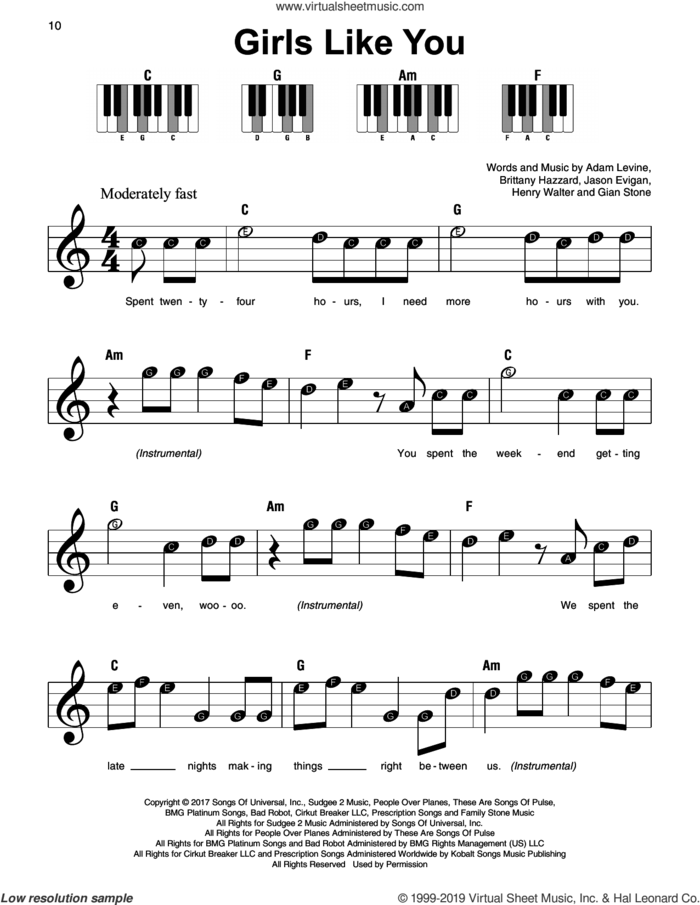 Girls Like You sheet music for piano solo by Maroon 5, Adam Levine, Brittany Hazzard, Henry Walter and Jason Evigan, beginner skill level