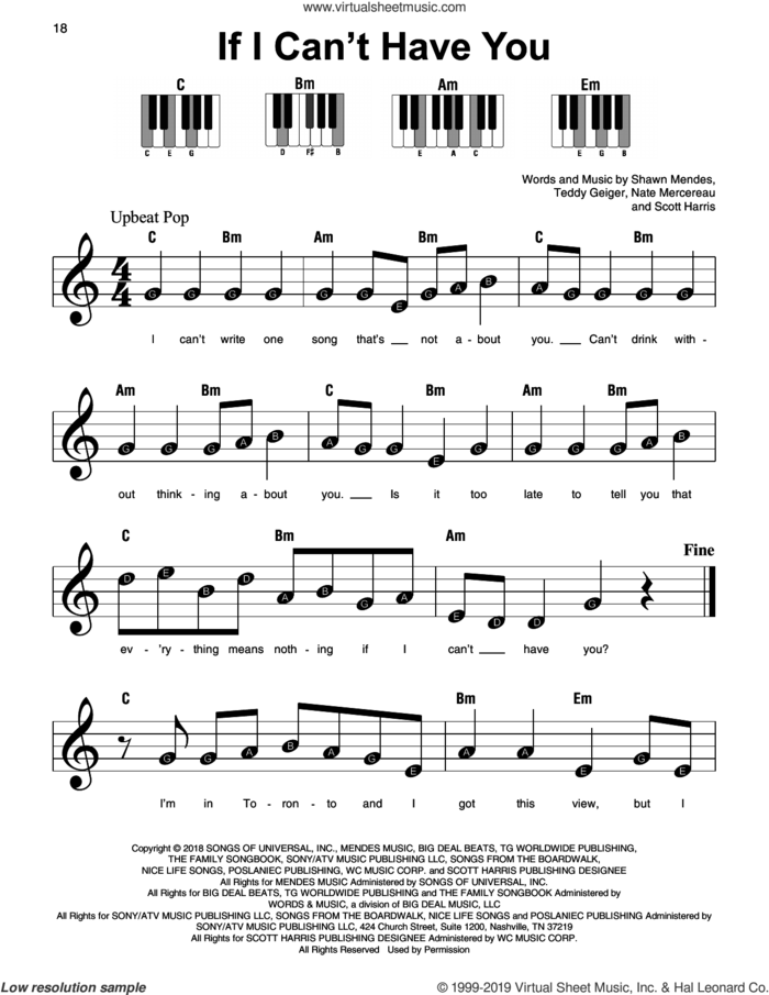 If I Can't Have You sheet music for piano solo by Shawn Mendes, Nate Mercereau, Scott Harris and Teddy Geiger, beginner skill level