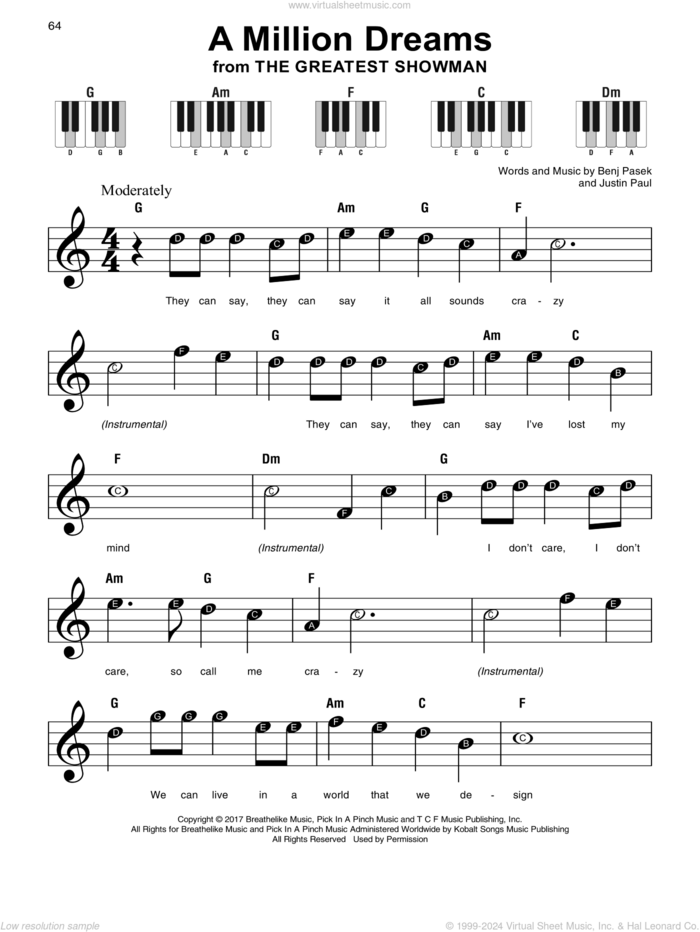 A Million Dreams (from The Greatest Showman), (beginner) (from The Greatest Showman) sheet music for piano solo by Pasek & Paul, Benj Pasek and Justin Paul, beginner skill level