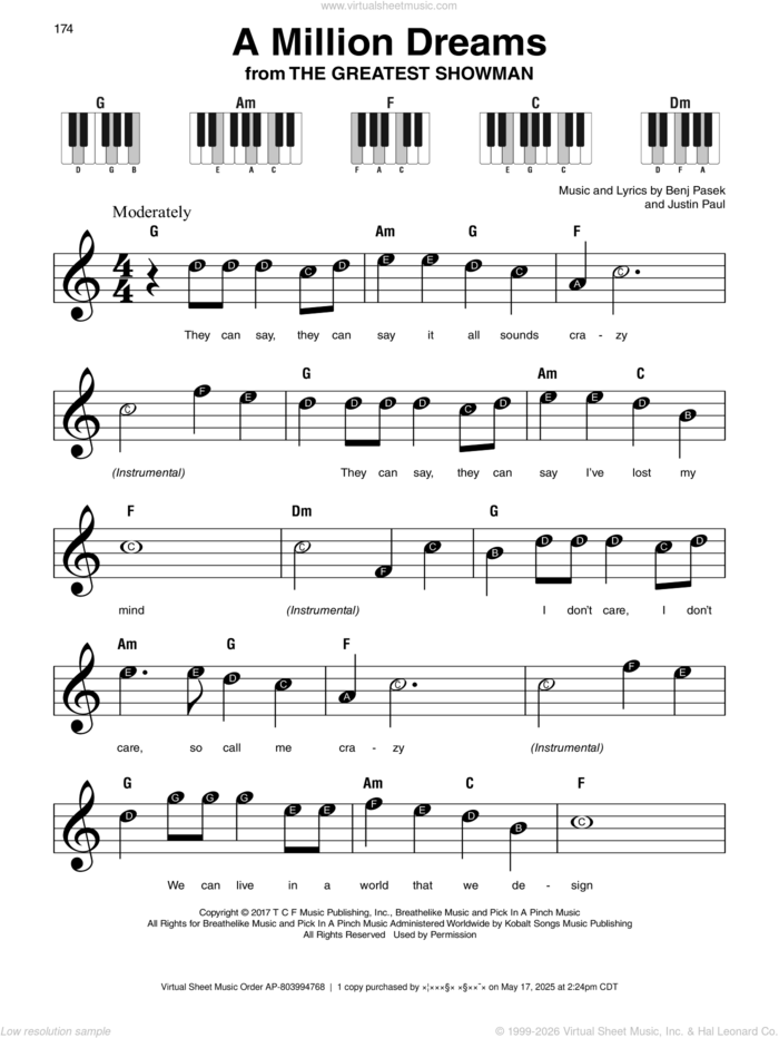 A Million Dreams (from The Greatest Showman) sheet music for piano solo by Pasek & Paul, Benj Pasek and Justin Paul, beginner skill level