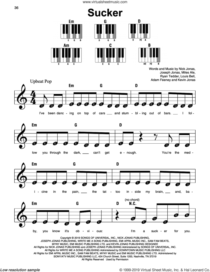 Sucker, (beginner) sheet music for piano solo by Jonas Brothers, Adam Feeney, Carl Rosen, Joseph Jonas, Kevin Jonas, Louis Bell, Nick Jonas and Ryan Tedder, beginner skill level