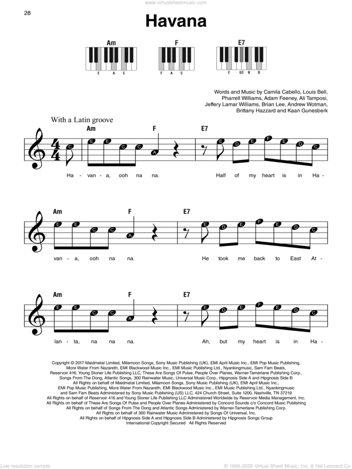 Havana (feat. Young Thug) sheet music for piano solo by Camila Cabello, Adam Feeney, Ali Tamposi, Andrew Wotman, Brian Lee, Brittany Hazzard, Jeffery Lamar Williams, Kaan Gunesberk, Louis Bell and Pharrell Williams, beginner skill level