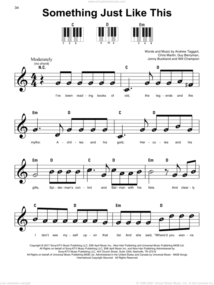 Something Just Like This, (beginner) sheet music for piano solo by The Chainsmokers & Coldplay, Andrew Taggart, Chris Martin, Guy Berryman, Jonny Buckland and Will Champion, beginner skill level