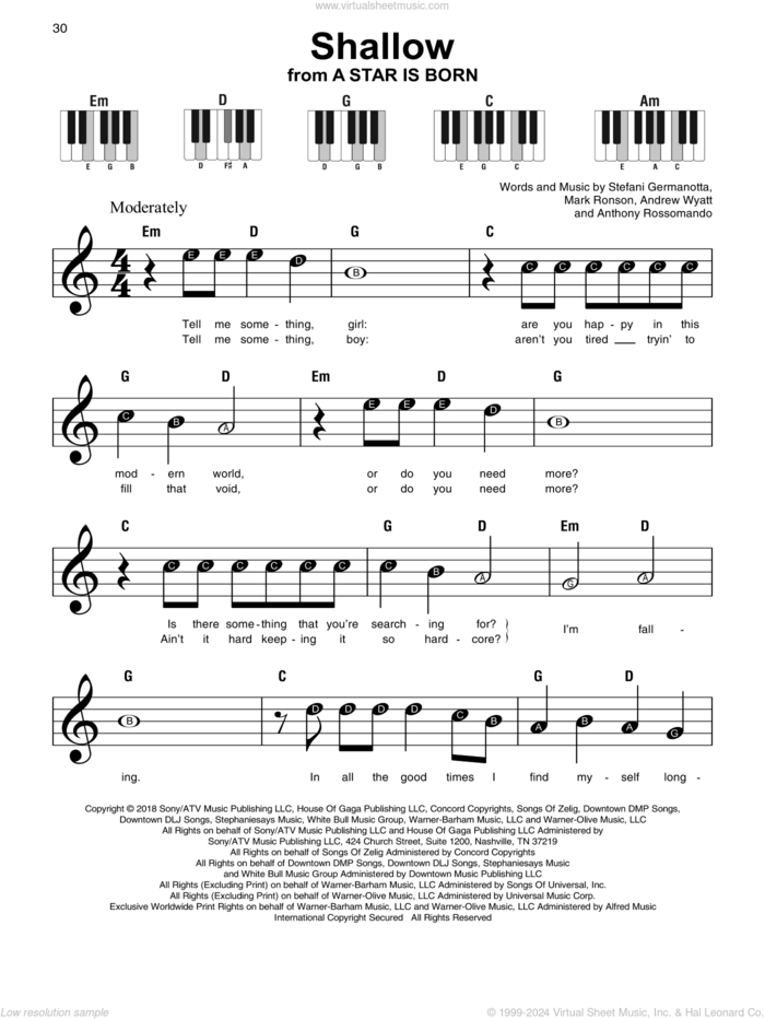 Shallow (from A Star Is Born) sheet music for piano solo by Lady Gaga & Bradley Cooper, Andrew Wyatt, Anthony Rossomando, Lady Gaga and Mark Ronson, beginner skill level