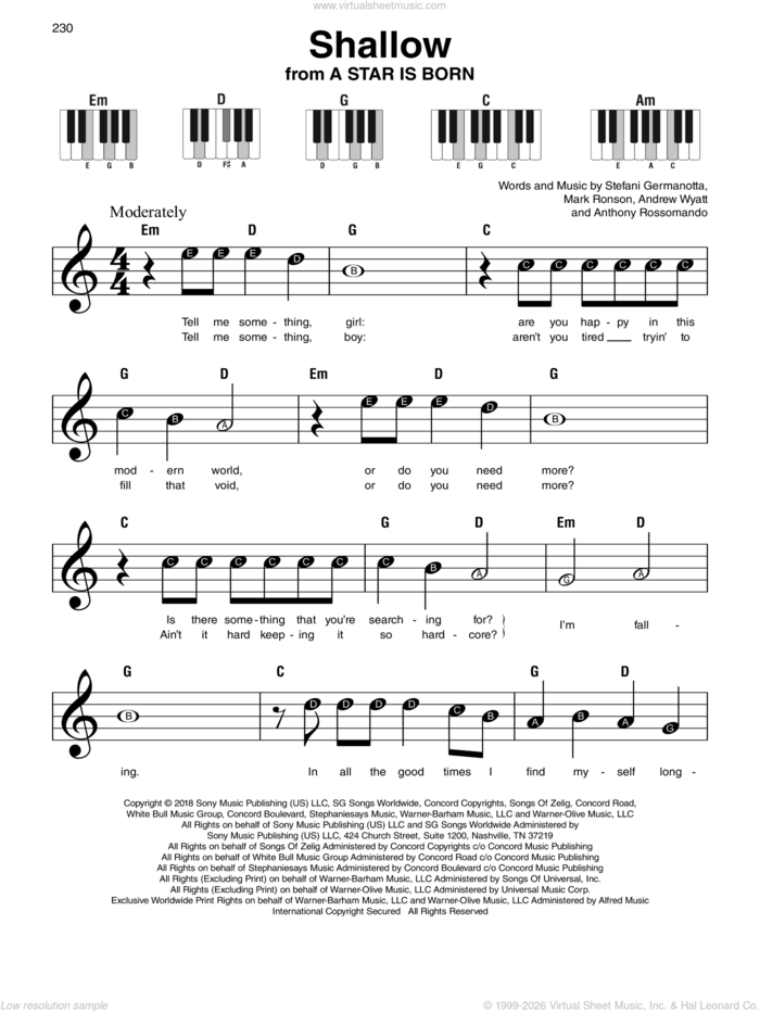 Shallow (from A Star Is Born) sheet music for piano solo by Lady Gaga & Bradley Cooper, Andrew Wyatt, Anthony Rossomando, Lady Gaga and Mark Ronson, beginner skill level