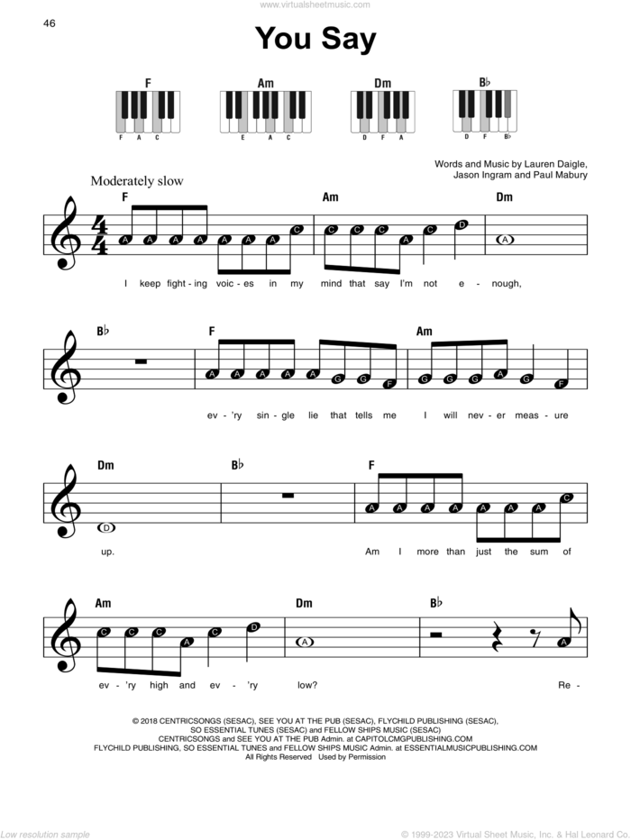 You Say sheet music for piano solo by Lauren Daigle, Jason Ingram and Paul Mabury, beginner skill level