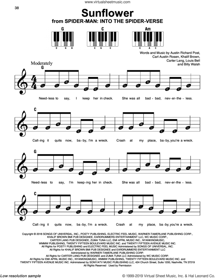 Sunflower (from Spider-Man: Into The Spider-Verse), (beginner) (from Spider-Man: Into The Spider-Verse) sheet music for piano solo by Post Malone & Swae Lee, Austin Richard Post, Billy Walsh, Carl Austin Rosen, Carter Lang, Khalif Brown and Louis Bell, beginner skill level