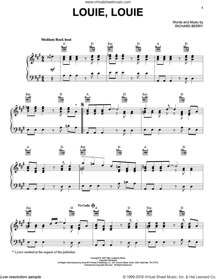Louie, Louie sheet music for piano solo by The Kingsmen and Richard Berry, intermediate skill level