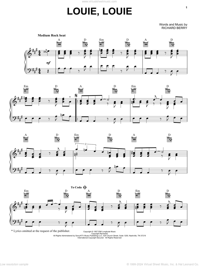 Louie, Louie sheet music for piano solo by The Kingsmen and Richard Berry, intermediate skill level