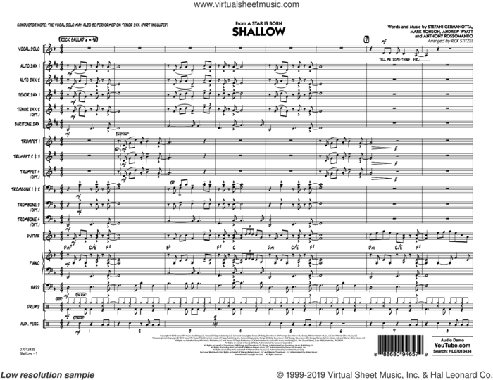 Shallow (from A Star Is Born) (arr. Rick Stitzel) (COMPLETE) sheet music for jazz band by Lady Gaga, Andrew Wyatt, Anthony Rossomando, Bradley Cooper, Lady Gaga & Bradley Cooper, Mark Ronson and Rick Stitzel, intermediate skill level