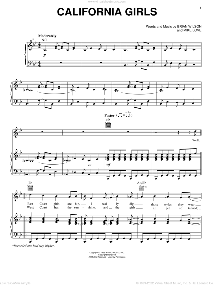 California Girls sheet music for voice, piano or guitar by David Lee Roth, The Beach Boys, Brian Wilson and Mike Love, intermediate skill level