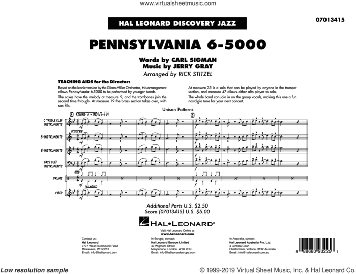 Pennsylvania 6-5000 (arr. Rick Stitzel) (COMPLETE) sheet music for jazz band by Carl Sigman, Glenn Miller Orchestra, Jerry Gray and Rick Stitzel, intermediate skill level