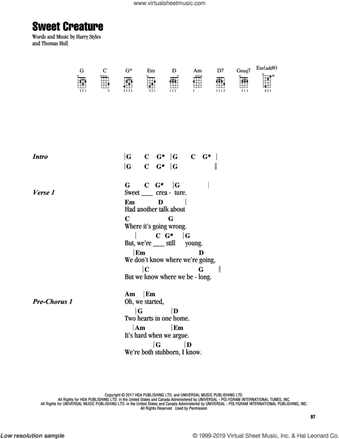 Sweet Creature sheet music for ukulele (chords) by Harry Styles and Tom Hull, intermediate skill level