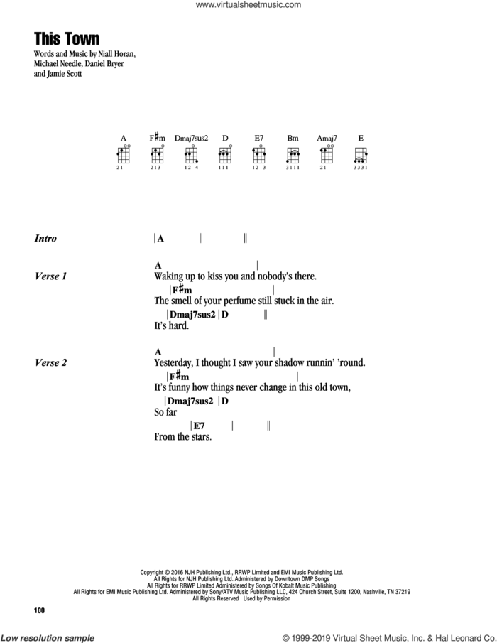 This Town sheet music for ukulele (chords) by Niall Horan, Daniel Bryer, Jamie Scott and Michael Needle, intermediate skill level