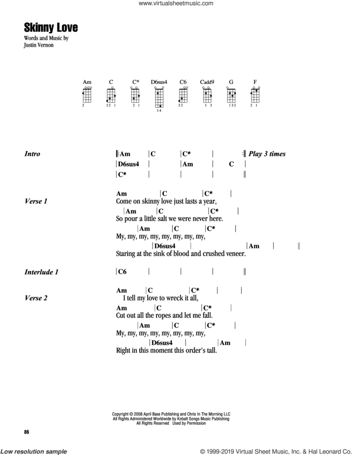 Skinny Love sheet music for ukulele (chords) by Bon Iver and Justin Vernon, intermediate skill level