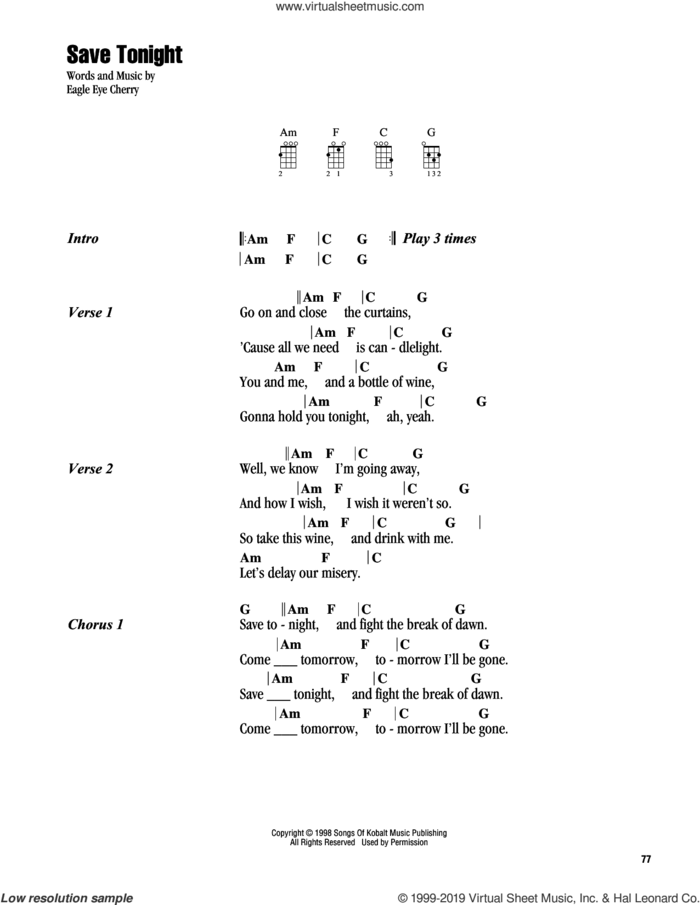 Save Tonight sheet music for ukulele (chords) by Eagle-Eye Cherry, intermediate skill level