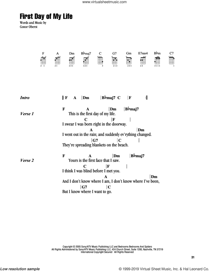 First Day Of My Life sheet music for ukulele (chords) by Bright Eyes and Conor Oberst, wedding score, intermediate skill level