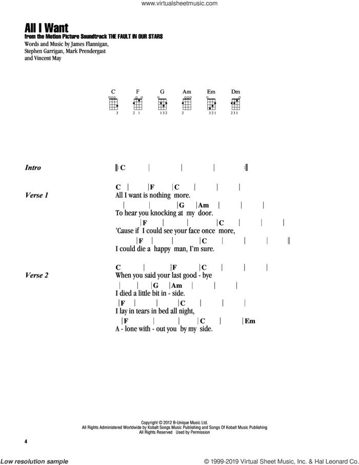 All I Want sheet music for ukulele (chords) by Kodaline, James Flannigan, Mark Prendergast, Stephen Garrigan and Vincent May, intermediate skill level