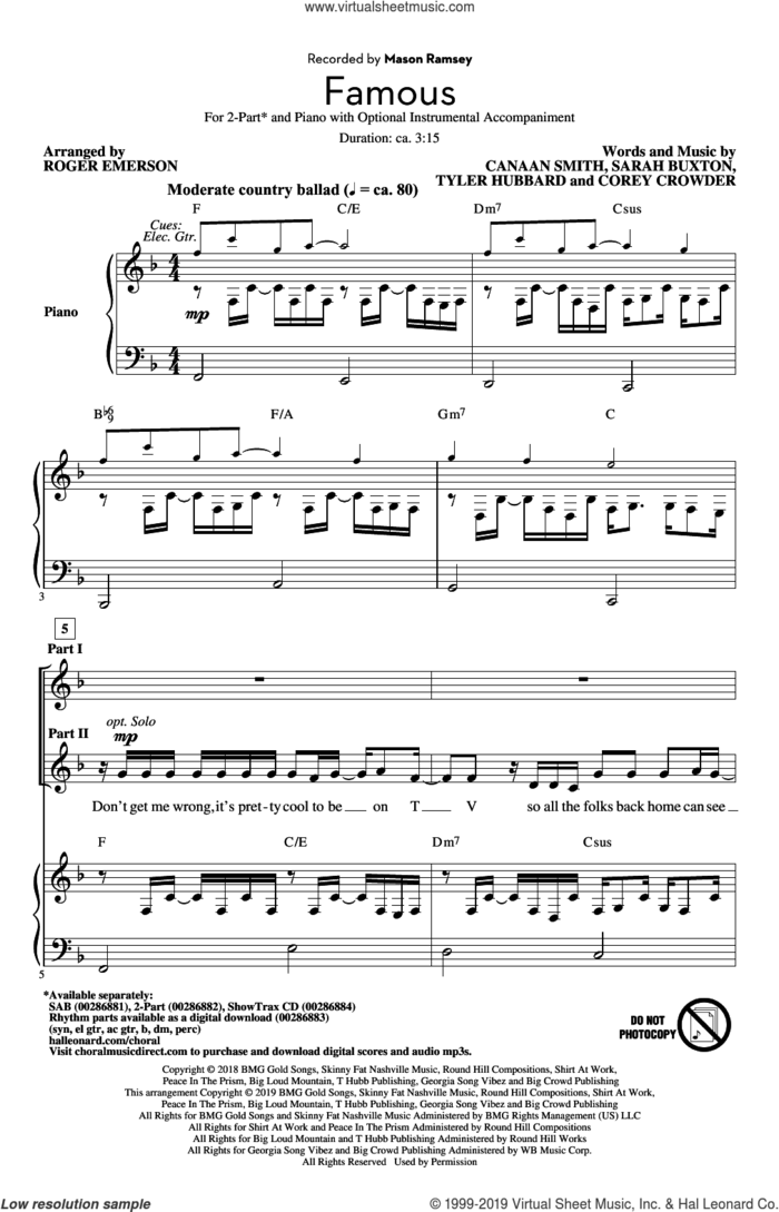 Famous (arr. Roger Emerson) sheet music for choir (2-Part) by Mason Ramsey, Roger Emerson, Canaan Smith, Corey Crowder, Sarah Buxton and Tyler Hubbard, intermediate duet
