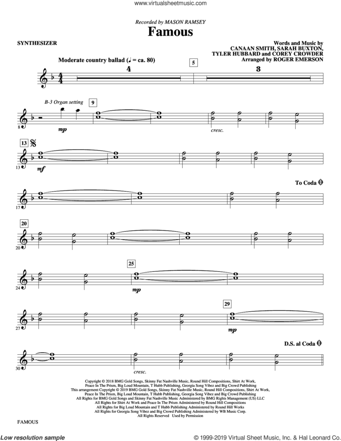 Famous (arr. Roger Emerson) (complete set of parts) sheet music for orchestra/band by Roger Emerson, Canaan Smith, Corey Crowder, Mason Ramsey, Sarah Buxton and Tyler Hubbard, intermediate skill level
