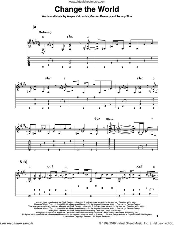 Change The World, (intermediate) sheet music for guitar solo by Eric Clapton, Wynonna, Gordon Kennedy, Tommy Sims and Wayne Kirkpatrick, intermediate skill level