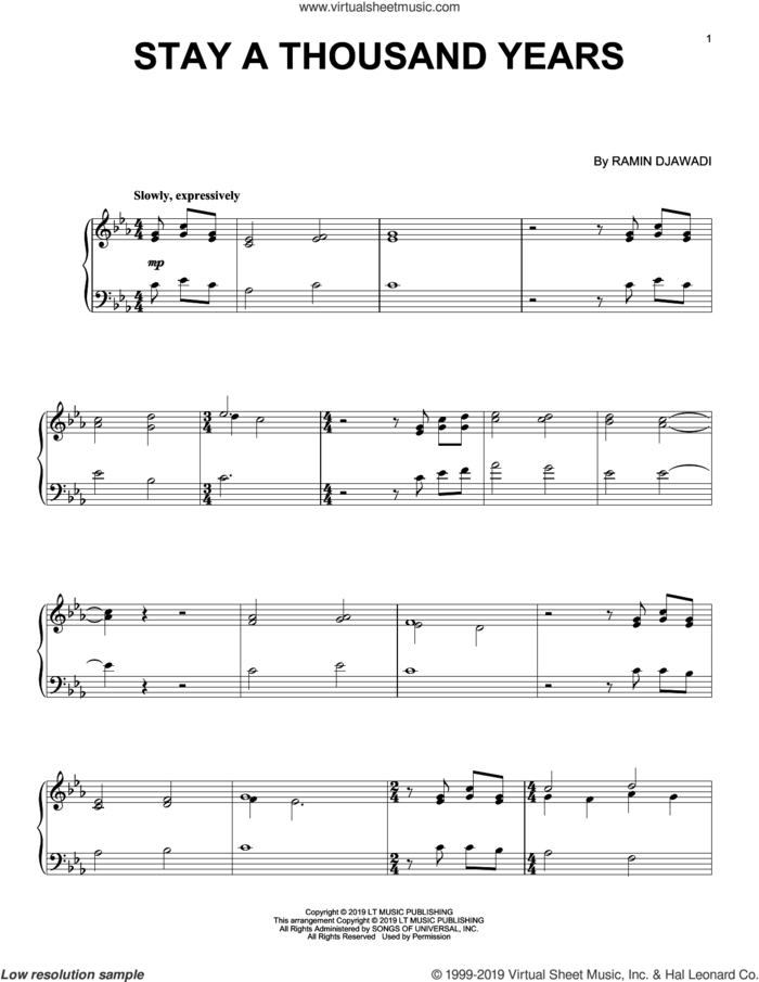 Stay A Thousand Years (from Game of Thrones) sheet music for piano solo by Ramin Djawadi, intermediate skill level