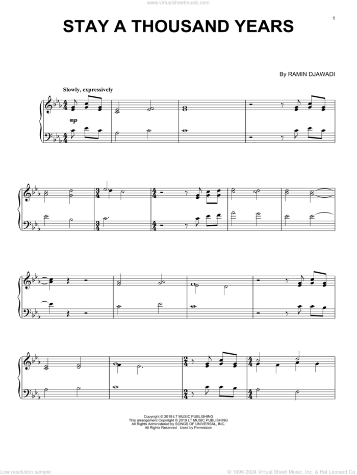 Stay A Thousand Years (from Game of Thrones) sheet music for piano solo by Ramin Djawadi, intermediate skill level