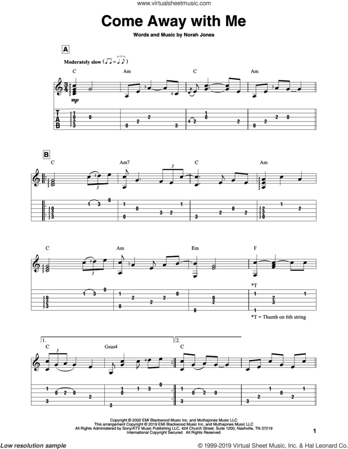 Come Away With Me sheet music for guitar solo by Norah Jones, intermediate skill level