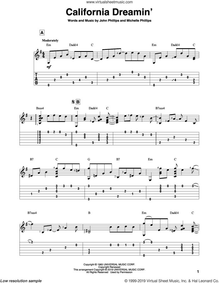 California Dreamin' sheet music for guitar solo by The Mamas & The Papas, John Phillips and Michelle Phillips, intermediate skill level