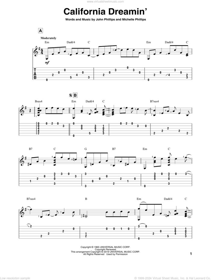 California Dreamin' sheet music for guitar solo by The Mamas & The Papas, John Phillips and Michelle Phillips, intermediate skill level